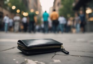 A black wallet lies on a city street with blurred pedestrians in the background.