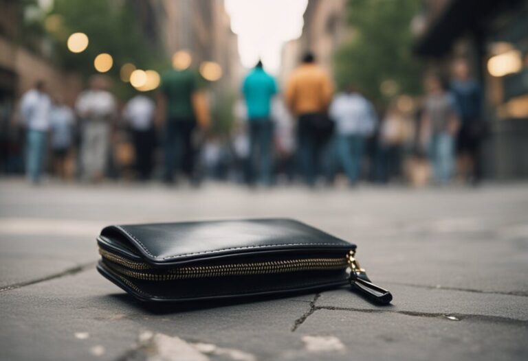 Dreaming About A Lost Purse or Wallet: Meanings And Interpretations 7 A black wallet lies on a city street with blurred pedestrians in the background.