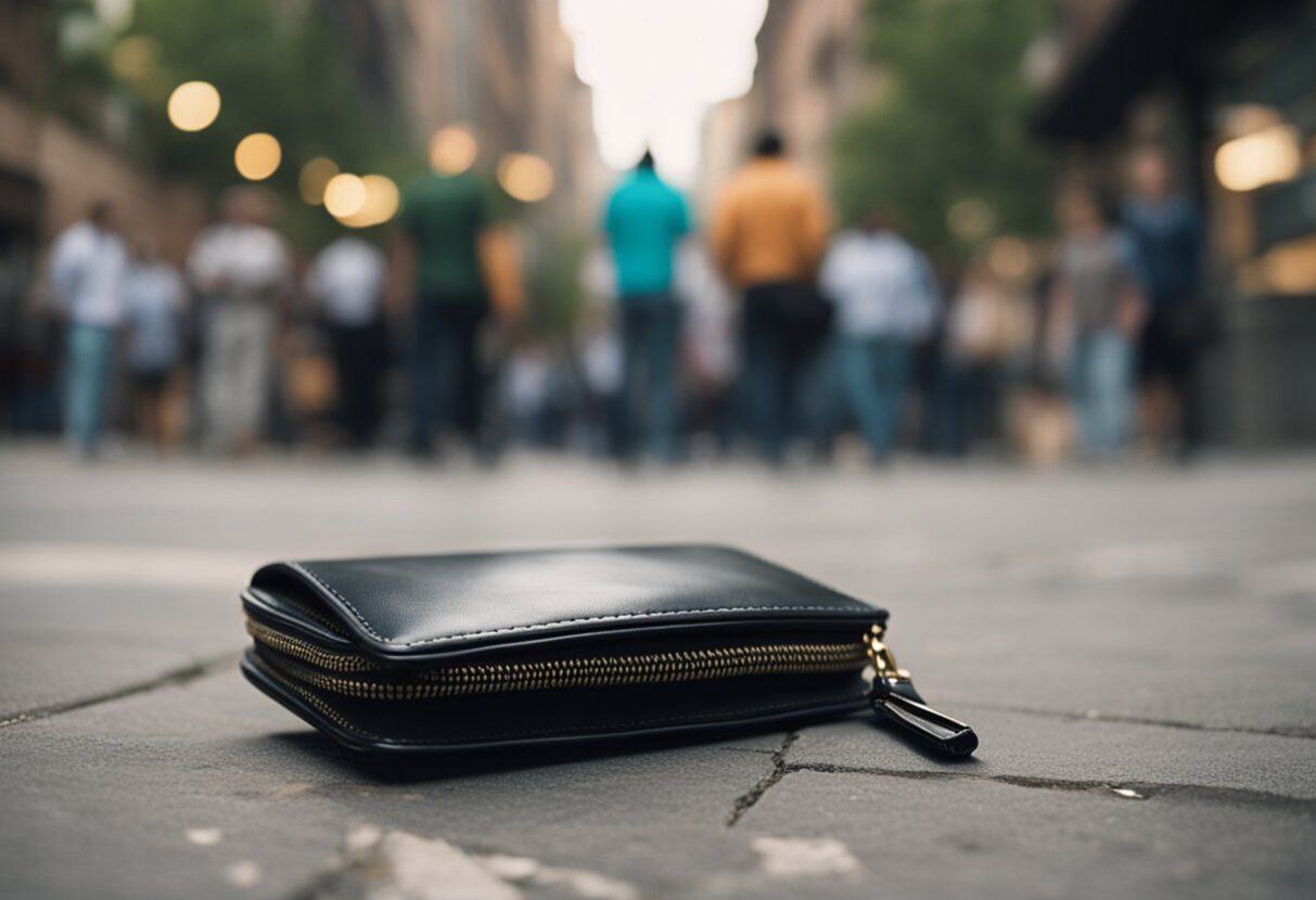 A black wallet lies on a city street with blurred pedestrians in the background.