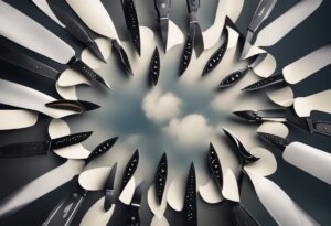 A circular arrangement of black knives with white blades points toward the center, creating an artistic pattern against a background of clouds and sky, as if manifesting a scene from dreams and dream interpretations.