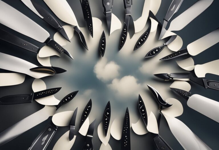 Dreaming About Knives: Meanings And Interpretations 11 A circular arrangement of black knives with white blades points toward the center, creating an artistic pattern against a background of clouds and sky, as if manifesting a scene from dreams and dream interpretations.