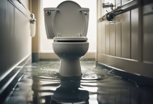 A clean toilet, now overflowing, with its lid open and surrounded by water on a flooded bathroom floor, illuminated by soft natural light. This scene is often found in interpretations of dreaming about an overflowing toilet