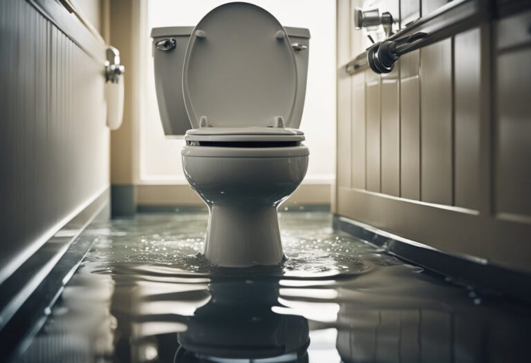 Dreaming About An Overflowing Toilet: Meanings And Interpretations 5 A clean toilet, now overflowing, with its lid open and surrounded by water on a flooded bathroom floor, illuminated by soft natural light. This scene is often found in interpretations of dreaming about an overflowing toilet