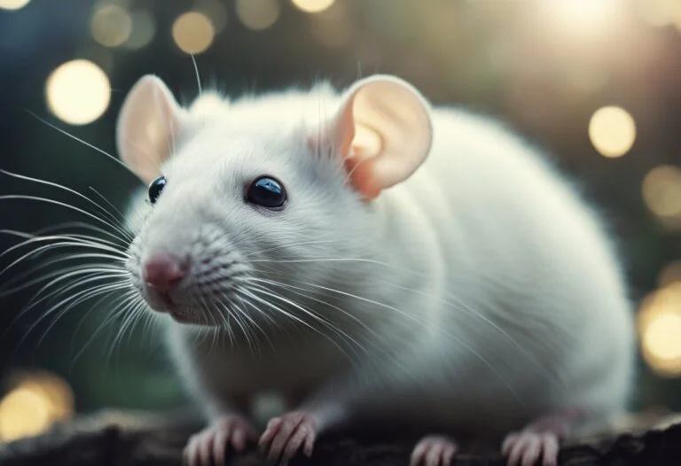 Dreaming About A White Rat: Meanings And Interpretations 14 A close-up image of a white rat with large ears and whiskers, illuminated by soft, glowing lights in the blurred background, evokes a sense of tranquility and mystery often associated with dream meanings.