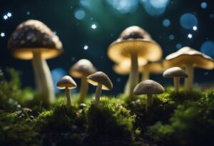 A cluster of mushrooms grows on moss in a dark woodland setting, with glowing light spots in the background, reminiscent of dreaming about mushrooms and their mystical dream meanings.