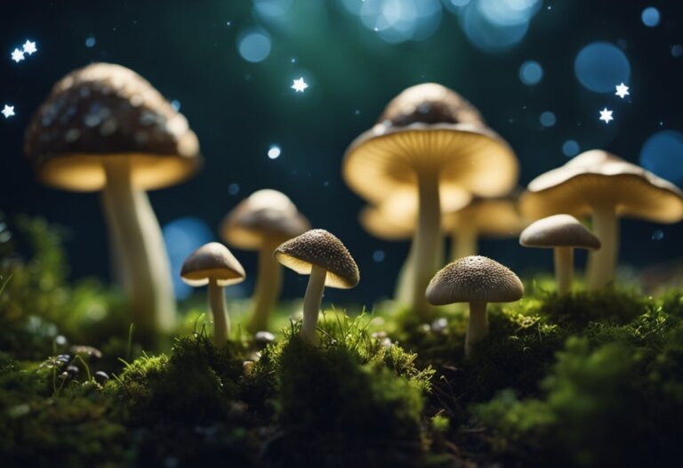 Dreaming About Mushrooms: Meanings And Interpretations 12 A cluster of mushrooms grows on moss in a dark woodland setting, with glowing light spots in the background, reminiscent of dreaming about mushrooms and their mystical dream meanings.