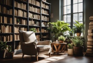 A cozy library room with a comfy armchair, numerous bookshelves filled with books on dream interpretations, several green potted plants, a wooden side table, and large windows letting in natural light.