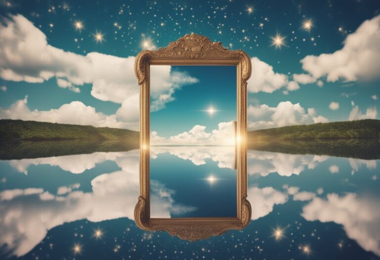 Dreaming About Mirrors: Meanings And Interpretations 10 A decorative frame floats in the sky with stars, clouds, and a reflective body of water below, dreaming about mirrors and creating a surreal, mirrored landscape.