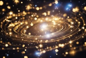 A digital illustration of a swirling galaxy with numerous twinkling stars and magical light effects against a dark background.
