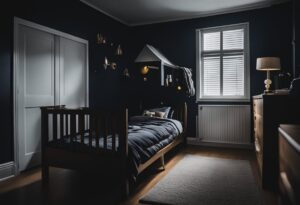 A dimly lit bedroom featuring a dark blue color scheme, with a wooden bed, a side table with a lamp, and a window with closed blinds harbors an atmosphere ripe for dream interpretations. A