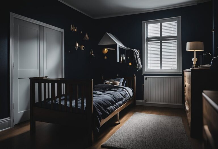 Dreaming About Your Child Dying: Meanings And Interpretations 11 A dimly lit bedroom featuring a dark blue color scheme, with a wooden bed, a side table with a lamp, and a window with closed blinds harbors an atmosphere ripe for dream interpretations. A