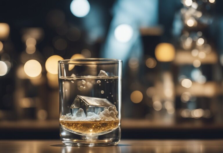Dreaming About Eating Glass: Meanings And Interpretations 14 A dream interpretation suggests that a glass of whiskey with ice shaped like a small house sits on a table, with blurred lights in the background.