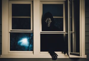 A figure with glowing eyes and a hooded cloak stands ominously outside a window at night, illuminated by moonlight, evoking the chilling aura of dream meanings related to home invasion.