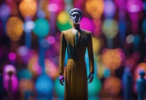         A figurine of a slender, stylized man in a golden textured coat stands in focus against a backdrop of vibrant, multicolored bokeh lights, inviting interpretations of its symbolism.