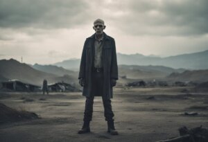 A gaunt figure wearing a long coat stands alone in a desolate landscape with cloudy skies and distant mountains, resembling a scene from one's unsettling zombie dream interpretations.