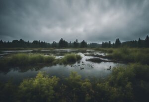 A gloomy, overcast sky hangs over a marsh with water, tall grasses, and scattered bushes. Dense tree line is visible in the distance, evoking interpretations and meanings akin to dreaming about dirty water.