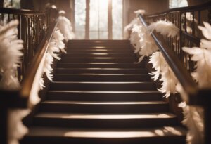 A grand staircase adorned with white feather decorations on the handrails, bathed in warm sunlight from the windows at the top, evokes a serene scene often found when dreaming about stairs.