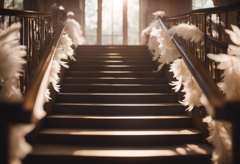 Dreaming About Stairs: Meanings And Interpretations 1 A grand staircase adorned with white feather decorations on the handrails, bathed in warm sunlight from the windows at the top, evokes a serene scene often found when dreaming about stairs.