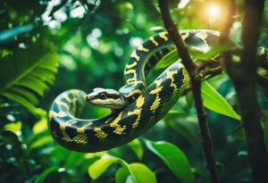 A green and yellow snake is coiled around a tree branch amidst lush green foliage with sunlight filtering through, conjuring dream-like interpretations about pythons and their hidden meanings.