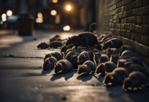 A group of rats gathers near a brick wall in a dimly lit urban environment during nighttime, inviting various interpretations and meanings.
