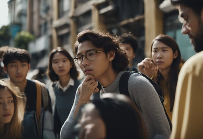 Dreaming About An Earthquake: Meanings And Interpretations 11 A group of young adults stands closely together in an outdoor urban setting. One person at the center is holding their chin in thought, perhaps contemplating earthquake dream interpretations, while others look ahead attentively.