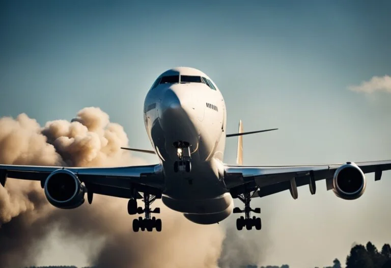 Dreaming About A Plane Crash: Meanings And Interpretations 11 A large airplane is taking off with smoke trailing from behind, viewed head-on with its landing gear extended, evoking the unsettling feeling of dreaming about a plane crash.