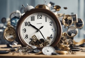 A large analog alarm clock is surrounded by multiple smaller clocks and watch components on a cluttered surface, evoking interpretations of dreaming about being late. The image depicts a chaotic arrangement of timepieces.