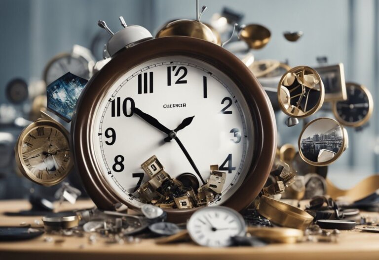Dreaming About Being Late: Meanings And Interpretations 15 A large analog alarm clock is surrounded by multiple smaller clocks and watch components on a cluttered surface, evoking interpretations of dreaming about being late. The image depicts a chaotic arrangement of timepieces.