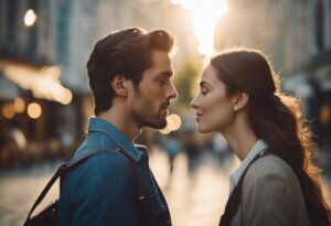 A man and a woman stand closely facing each other on a city street at sunset, sharing a tender kiss.