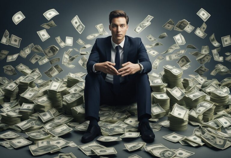 Dreaming About Counting Money: Meanings And Interpretations 6 A man in a suit sits on the ground surrounded by large piles of cash, with additional dollar bills falling around him—a vivid scene that could prompt intriguing dream interpretations.