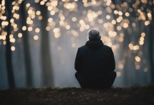 A man sitting on the ground, pondering the lights, lost in thoughts and interpretations of dream meanings.