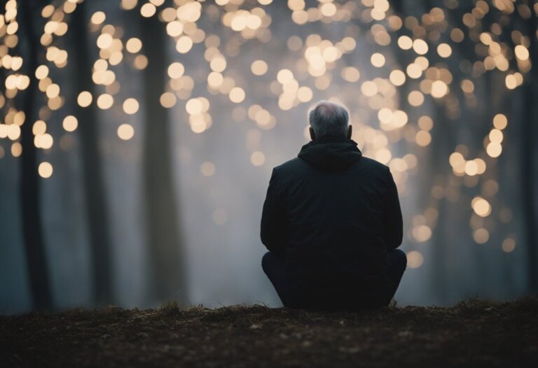Dreaming About My Dead Father: Meanings And Interpretations 13 A man sitting on the ground, pondering the lights, lost in thoughts and interpretations of dream meanings.