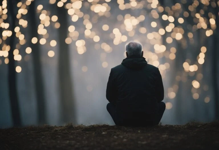 Dreaming About My Dead Father: Meanings And Interpretations 6 A man sitting on the ground, pondering the lights, lost in thoughts and interpretations of dream meanings.