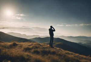 A man standing on top of a hill, dreaming while looking at the mountains.