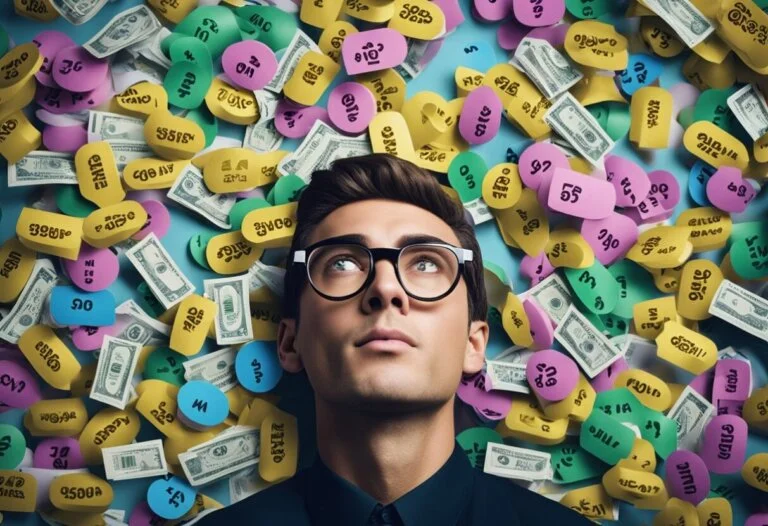 A man wearing glasses looks up while surrounded by colorful sticky notes with numbers and dollar bills strewn around him, perhaps pondering Lottery Interpretations.