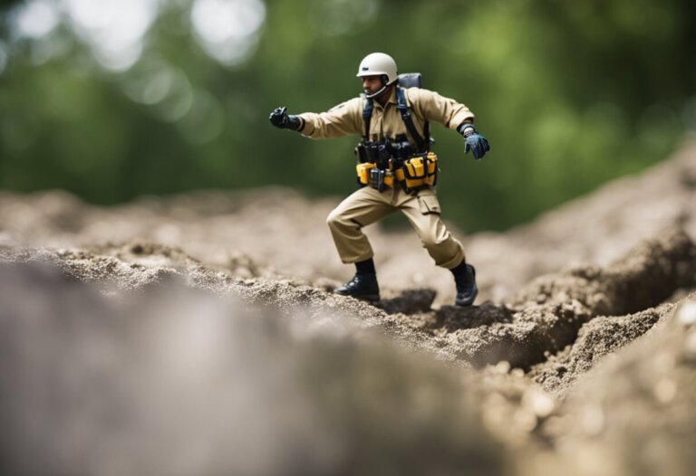 Dreaming About Saving Someone: Meanings And Interpretations 11 A miniature figurine dressed in military gear is posed as if walking through a rough terrain landscape, inviting various interpretations of its journey.