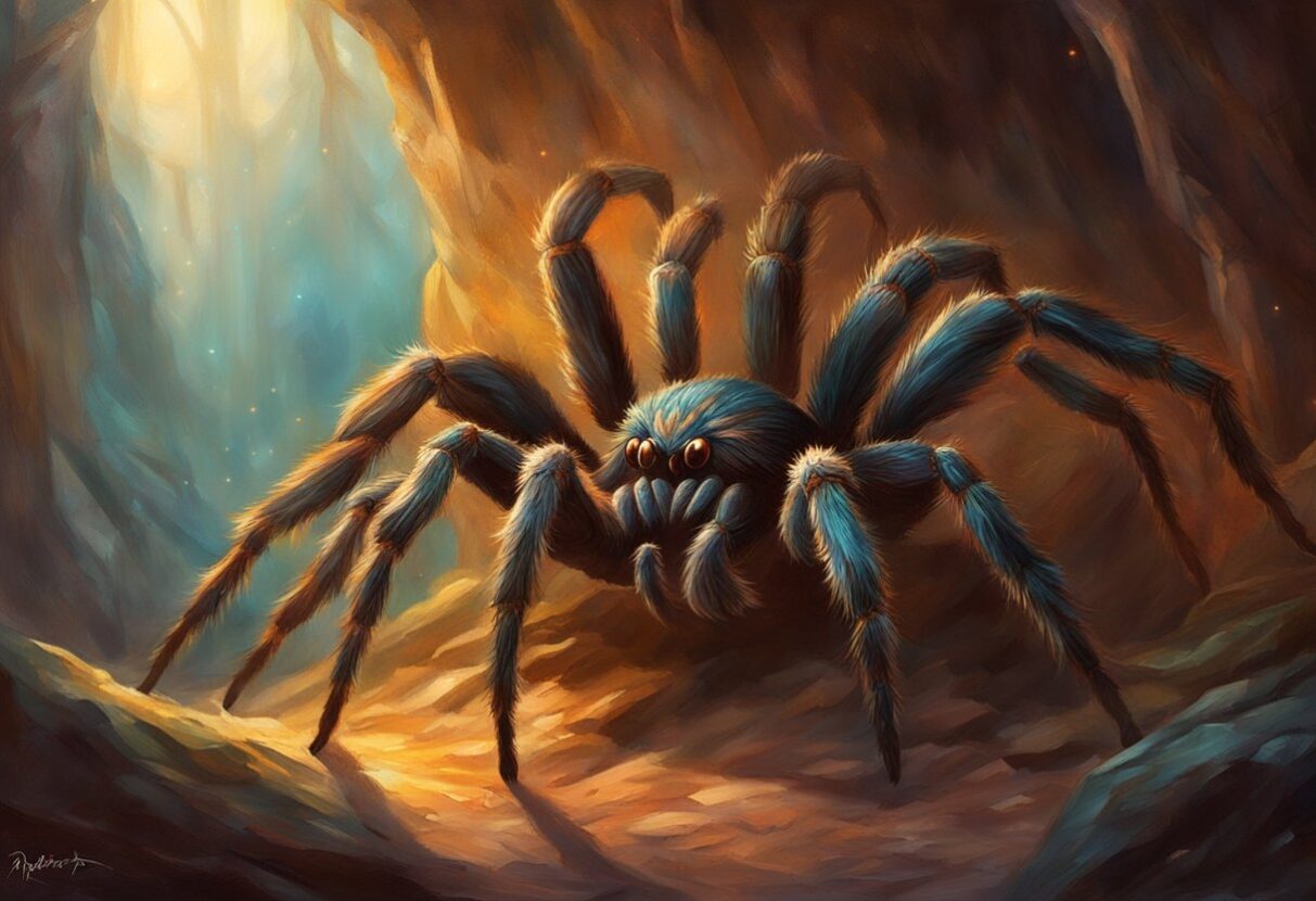 A painting of a tarantula in a cave, open to interpretations and meanings.
