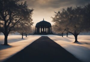 A path leads to a gazebo surrounded by trees with blooming flowers under a cloudy sky, creating a serene and picturesque scene, as if pulled from dream interpretations.
