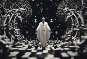 A person draped in a long white robe stands amidst an intricate, surreal environment with twisted sculptures and a starry sky backdrop, inviting countless interpretations and meanings.