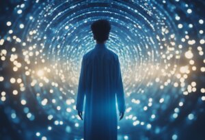 A person in a lab coat stands facing a vortex of glowing, blue and white lights, appearing as if looking into a futuristic or cosmic tunnel, reminiscent of dream interpretations where the colour blue signifies depth and clarity.
