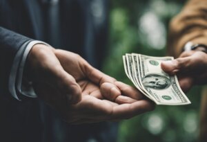 A person in a suit hands over a stack of U.S. hundred-dollar bills to another person's open hand, embodying the essence of dream interpretations about someone giving you money and its possible dream meanings.