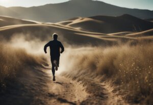 A person is running on a dirt path through a desert landscape with dunes in the background and dust rising behind them, evoking feelings similar to dreaming about chasing someone, where interpretations and meanings are often shrouded in mystery.