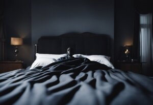 A person sitting up in a large bed in a dimly lit room, pondering interpretations of dreaming about your own death, with bedside tables and lamps on both sides.