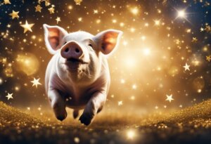 A piglet is leaping against a backdrop filled with glowing stars and sparkles, illustrating one of the many whimsical scenes found when dreaming about pigs.