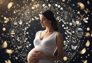 A pregnant woman wearing a white dress stands with both hands on her belly, surrounded by a decorative circular pattern featuring various symbols and designs, evoking meanings and interpretations akin to dreaming about seeing someone pregnant.
