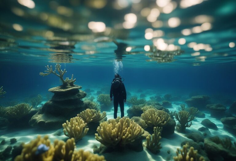 Dreaming About Breathing Underwater: Meanings And Interpretations 8 A scuba diver swims among coral formations in clear blue water, with sunlight filtering through the surface above, experiencing a sensation akin to breathing underwater—much like an ethereal dream meaning open to various interpretations.
