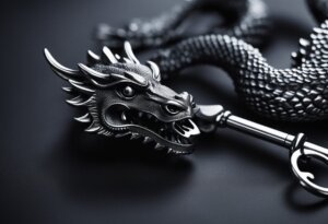 A silver dragon-shaped key on a dark background, inviting interpretations and dream meanings.