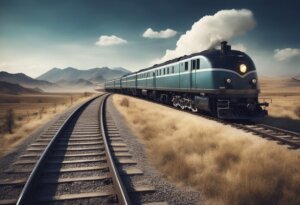 A sleek, vintage-style train travels on a curved track through a dry, grassy landscape with mountains in the background under a partly cloudy sky, making you feel as if you're dreaming about trains and their deeper meanings and interpretations.