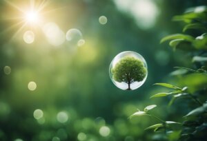 A small tree encapsulated in a translucent bubble floats in a green, sunlit environment with bokeh effects in the background, inviting various interpretations and deeper meanings.