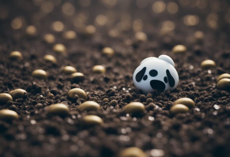 A small, white ball with black paw prints lies on dark soil scattered with golden spheres, inviting various dream meanings and interpretations.